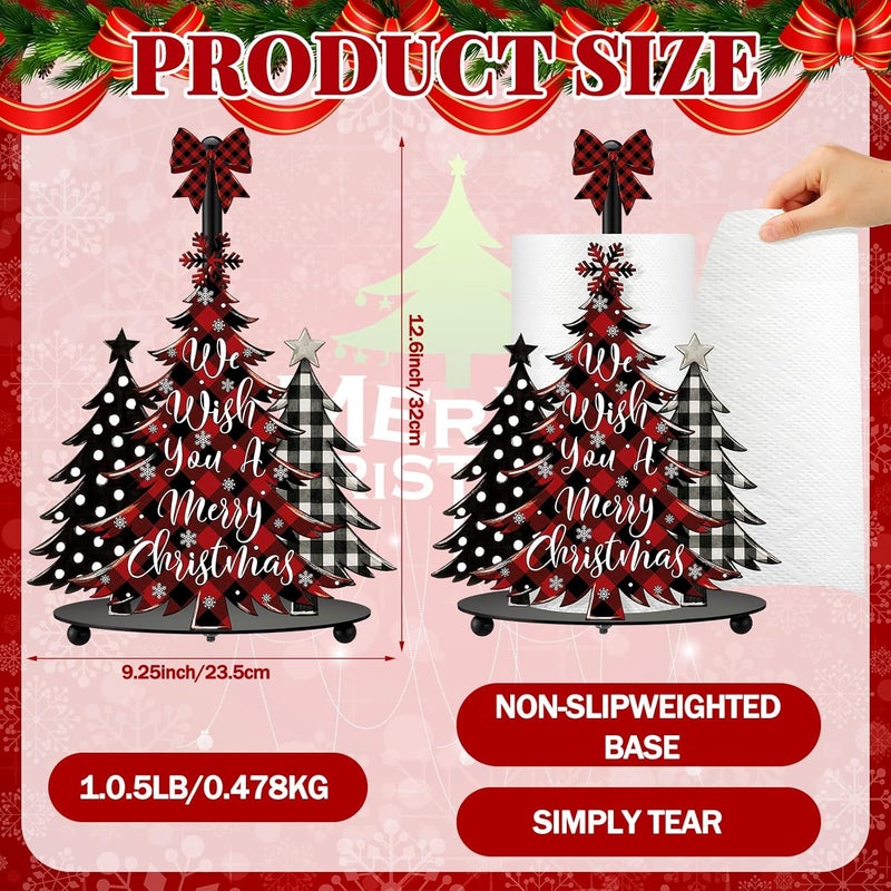 Shellwei Christmas Tree Paper Towel Holder with Round Base Buffalo Plaid Christmas Bathroom Decor Rustic Xmas Tree Dispenser Kitchen Paper Holder Stand for Xmas Countertop Toilet Home Accessories - Image 4
